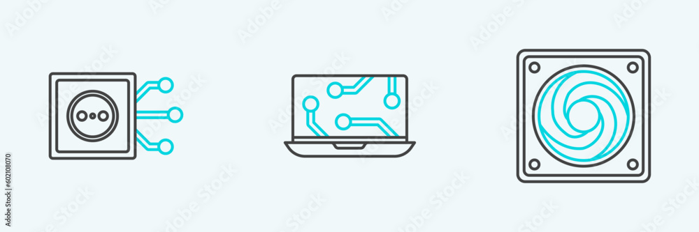 Set line Computer cooler, Remote control and Laptop icon. Vector Set line Computer cooler, Remote control and Laptop icon. Vector