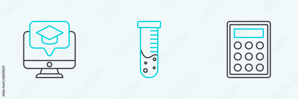 Set line Calculator, Monitor with graduation cap and Test tube and flask chemical laboratory icon. Vector Set line Calculator, Monitor with graduation cap and Test tube and flask chemical laboratory icon. Vector