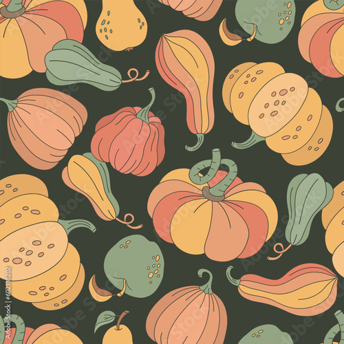 Groovy autumn pumpkin vector seamless pattern. Retro Thanksgiving day background. Autumn fall surface design for textile, scrapbook, card making 