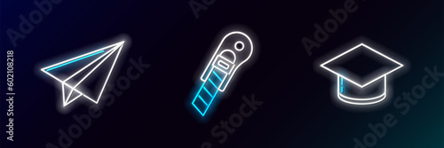 Set line Graduation cap, Paper airplane and Stationery knife icon. Glowing neon. Vector
