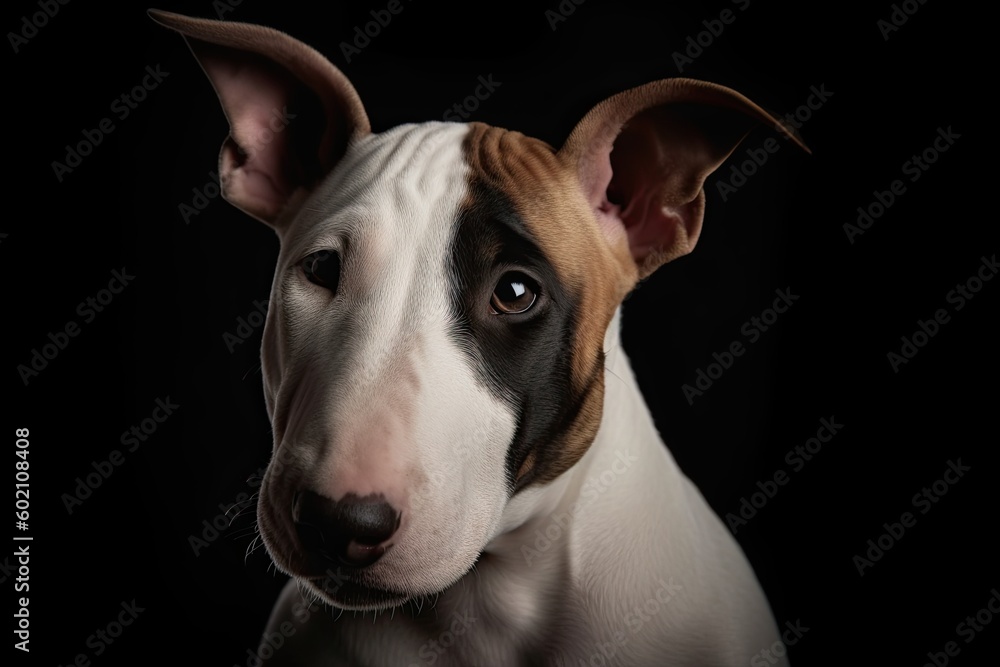 Adorable Bull Terrier Puppy Dog Portrait in Studio Against Dark Background, Generative AI
