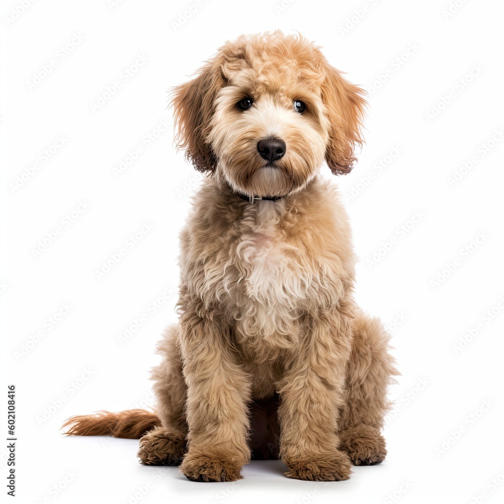 Cute Domestic Labradoodle Puppy Sitting Isolated on a White Background, Generative AI