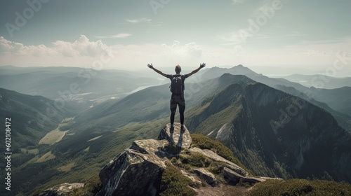 Man Defiantly Reaches the Summit, Standing Proud in the Summer Landscape: Generative AI