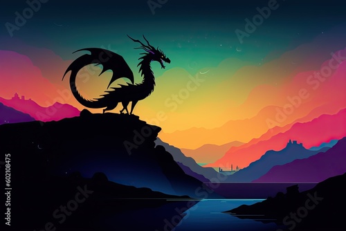 Mighty Dragon Surveying its Mountain Domain  Night Sky Silhouette on Colourful Background  Generative AI