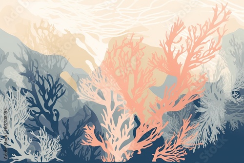 Organic Pattern - A Generative Seascape Abstract with Marine Seaweed, Coral, and Aquatic Life in Muted Colors. Generative AI