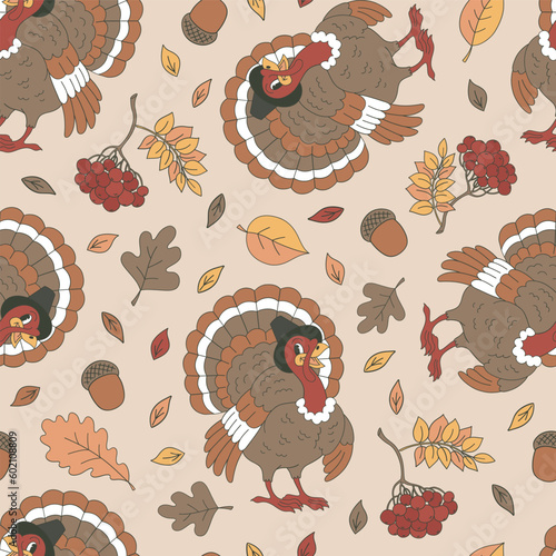 Groovy cartoon turkey character vector seamless pattern. Retro Thanksgiving day background. Autumn fall surface design for textile, scrapbook, card making 