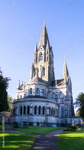 View of the old Christian Cathedral of the 19th century in the Irish city of Cork. Christian religious architecture in the Neo-Gothic style. Cathedral Church of St Fin Barre.