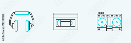 Set line DJ remote for playing and mixing music, Headphones and VHS video cassette tape icon. Vector