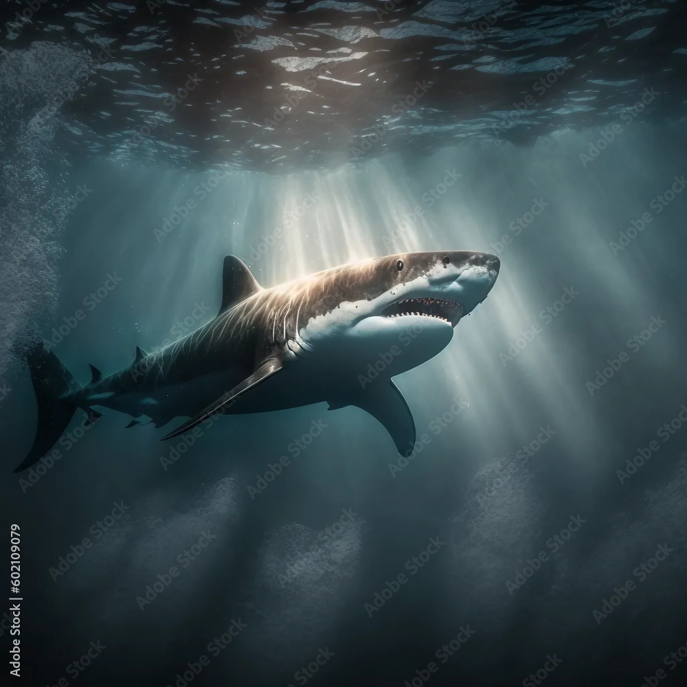 Fototapeta premium dramatic portrait of a majestic great white shark - generative ai image