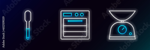 Set line Scales, Spoon and Oven icon. Glowing neon. Vector