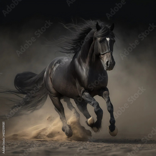 dramatic portrait of a majestic black stallion running - generative ai image