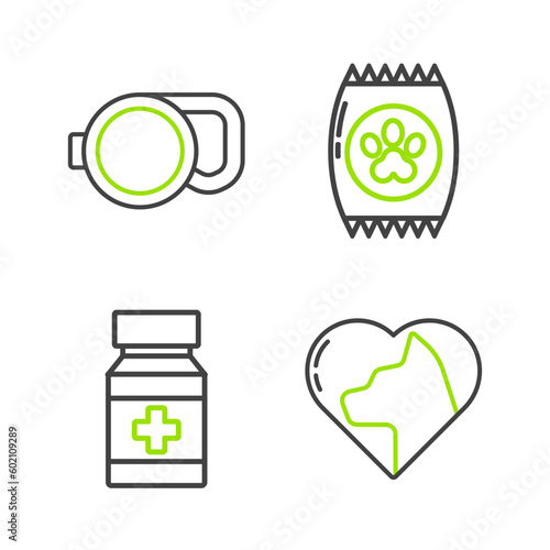 Set line Heart with cat, Dog medicine bottle and pills, Bag of food for pet and Retractable cord leash icon. Vector