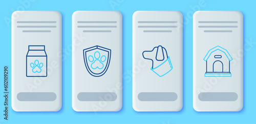 Set line Animal health insurance, Dog, Bag of food for pet and house icon. Vector