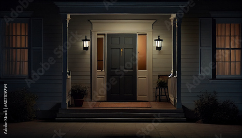 Exterior of luxury home in evening, entrance door
