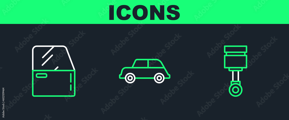 Set line Engine piston, Car door and icon. Vector Set line Engine piston, Car door and icon. Vector