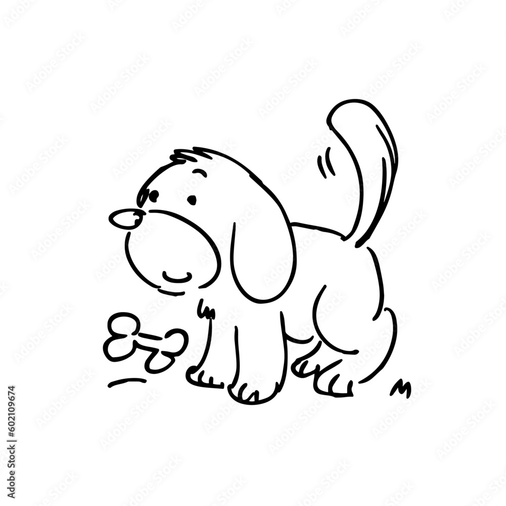 dog with bone white and black doodle hand drawn web and design icon vector illustration