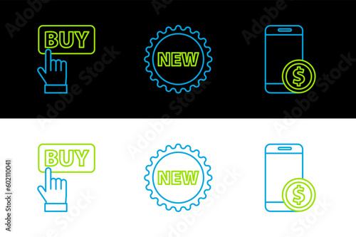 Set line Smartphone with dollar, Buy button and Price tag New icon. Vector