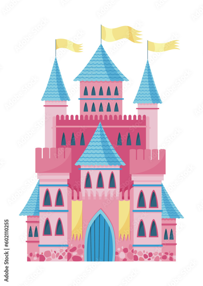 Fairy tale castle. Cartoon fantasy palace with towers, vector medieval fort or fortress. Fairy tale kingdom house building
