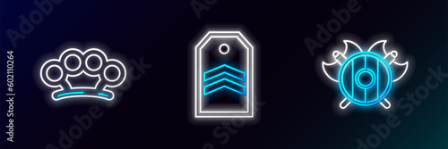 Set line Medieval shield with crossed axes, Brass knuckles and Chevron icon. Glowing neon. Vector
