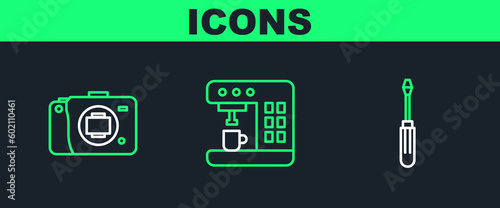 Set line Screwdriver, Mirrorless camera and Coffee machine icon. Vector