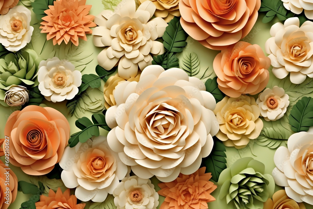 Floral Craft Wallpaper for Kids Room Wall Decor with Orange, Rose, Green and Yellow Flowers on a Light Background, generative Ai Floral Craft Wallpaper for Kids Room Wall Decor with Orange, Rose, Green and Yellow Flowers on a Light Background, generative Ai
