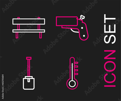 Set line Meteorology thermometer, Shovel, Flare gun pistol and Bench icon. Vector