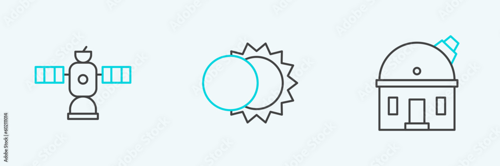 Set line Astronomical observatory, Satellite and Eclipse of the sun icon. Vector