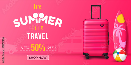 summer travel banner design with suitcase, surfboard and beach ball on pink background. summer holiday travel landscape baner