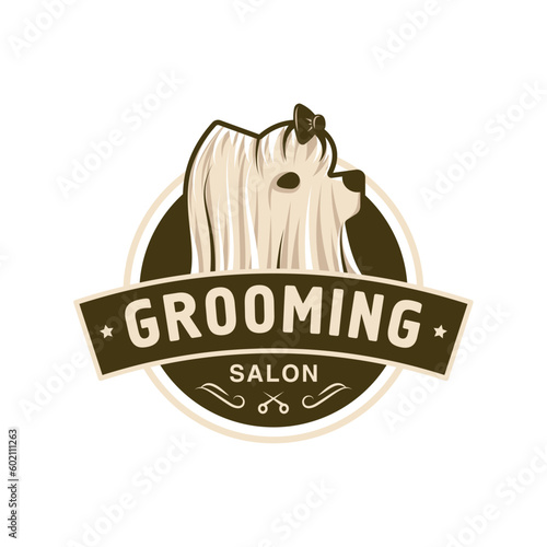 Logo for grooming barbershop and pet care salon for dogs and cats, yorkie with long hair in a round frame. Flat design style. Vector illustration.