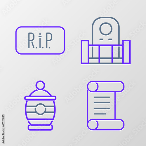 Set line Decree, parchment, scroll, Funeral urn, Grave with tombstone and Speech bubble rip death icon. Vector
