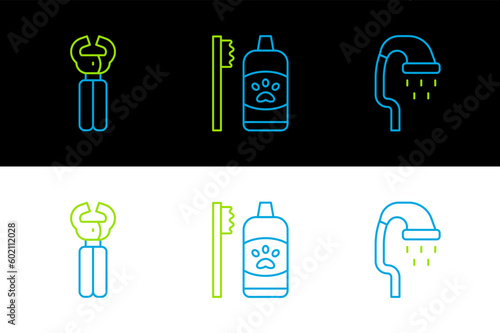 Set line Pet shower, nail clippers and Dental hygiene for pets icon. Vector