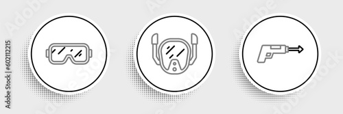 Set line Fishing harpoon, Diving mask and icon. Vector