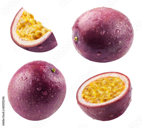 Passion fruit isolated. Ripe passion fruit, half and slice of fruit in drops of water on a white background.