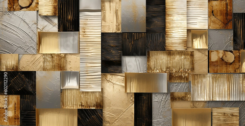 Futuristic 3D Canvas Art Mural with Golden Squares and Lines, generative Ai