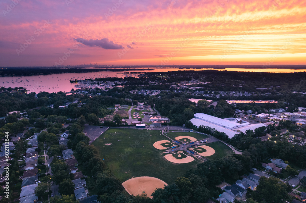 Sunset over a baseball field on Long Island