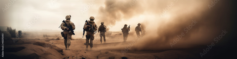 Army soldiers at war. Military forces at special operation. Battlefield with attacking soldiers walking across the field with explosions. Created with Generative AI Army soldiers at war. Military forces at special operation. Battlefield with attacking soldiers walking across the field with explosions. Created with Generative AI