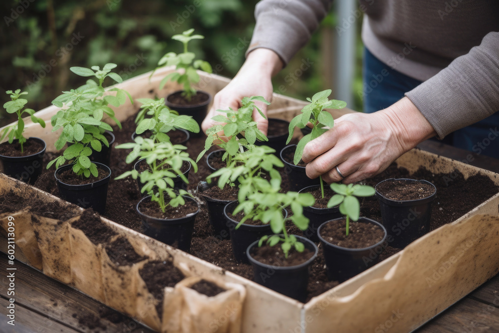 Planting young green seedlings in pots. Work in garden. Created with Generative AI Planting young green seedlings in pots. Work in garden. Created with Generative AI