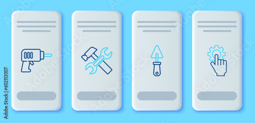 Set line Hammer and wrench, Trowel, Electric drill machine and Settings the hand icon. Vector
