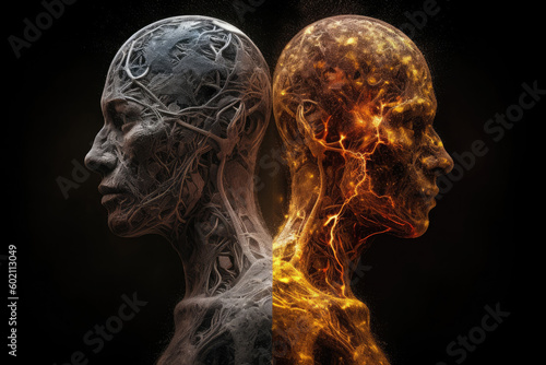 Two spiritual human bodies on dark background. Souls connection. Created with Generative AI