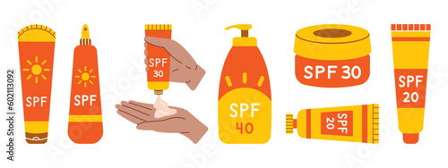 Sunscreen set. Collection of lotions with SPF. Skin protection from sun. Bottles, tubes with sunblock, dark skin hands with cream. Summer cosmetic. Set of sunscreen skin care products.