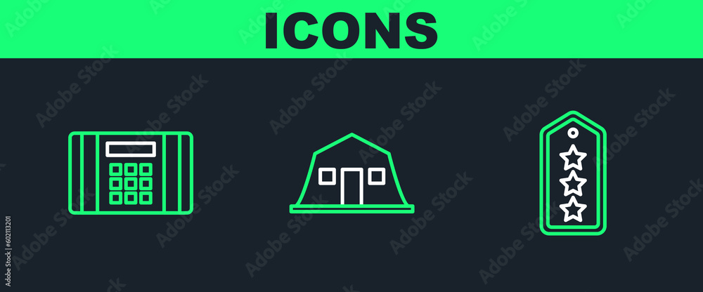 Set line Military rank, Dynamite bomb and barracks icon. Vector Set line Military rank, Dynamite bomb and barracks icon. Vector