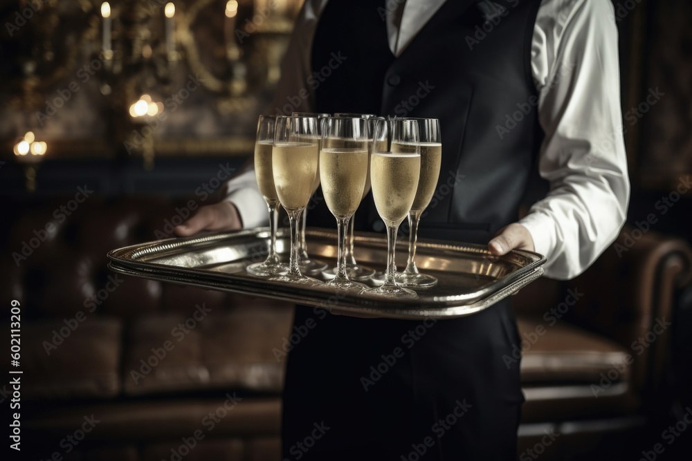 Outdoors celebration. Waiter holding tray with glasses with champagne. Created with Generative AI