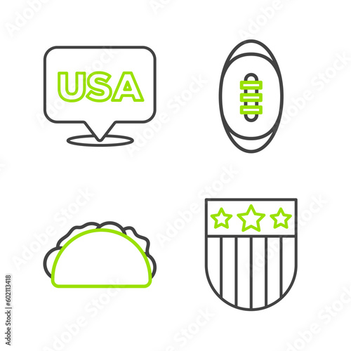 Set line Shield with stars, Taco tortilla, American Football ball and USA Independence day icon. Vector