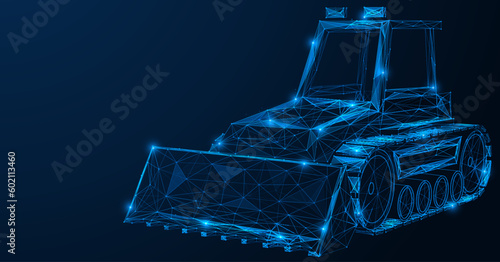 Crawler tractor. Polygonal design of interconnected lines and points. Blue background.