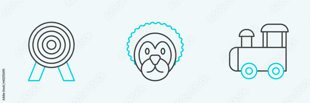 Set line Toy train, Target and Wild lion icon. Vector Set line Toy train, Target and Wild lion icon. Vector