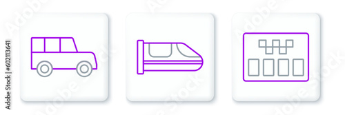 Set line Taximeter, Car and High-speed train icon. Vector