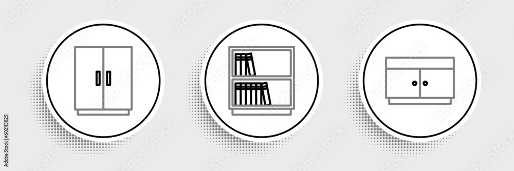 Set line Chest of drawers, Wardrobe and Library bookshelf icon. Vector Set line Chest of drawers, Wardrobe and Library bookshelf icon. Vector