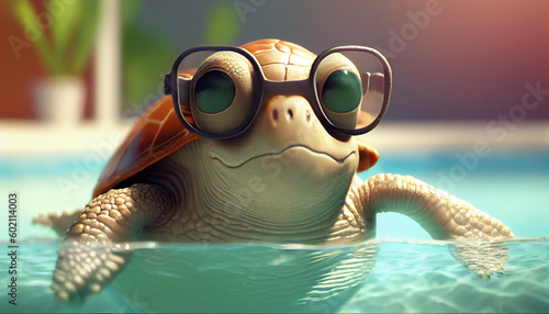 Happy Turtle having fun at summer holidays in a swimming pool Ai generated image