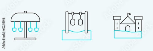 Set line Sand castle, Attraction carousel and Gymnastic rings icon. Vector