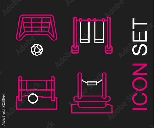Set line Bungee, Volleyball net with ball, Double swing and Soccer goal icon. Vector
